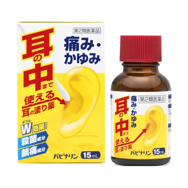 パピナリンは，アミノ安息香酸エチルおよびプロカイン塩酸塩の鎮痛作用，フェノール，アクリノール水和物およびホモスルファミンの殺菌作用などにより，耳鳴，耳漏，耳掻痒，耳痛，外聴道炎，中耳炎に効果を発揮します。