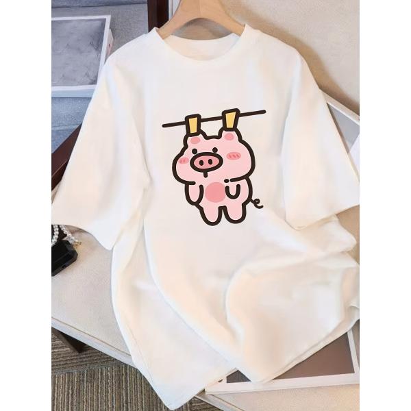 豚キャラクターシンプルイラスト Tシャツ ユニセックス白半袖綿 100% 動物好き女子必見 ゆったりビッグシルエット デートお出かけ夏服旅行レジャーカップル
