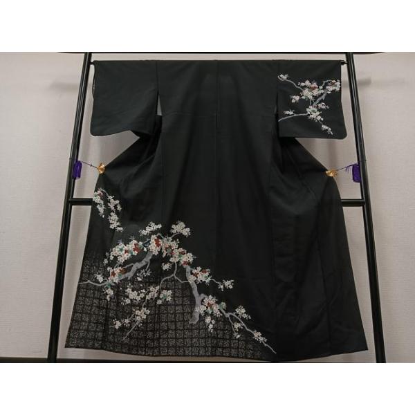 平和屋着物▽訪問着 単衣 桜 黒地 銀彩 洗える着物 AAAZ3972jh : 平和