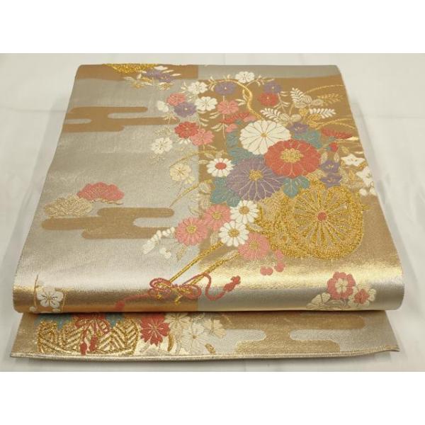 平和屋着物◎六通柄袋帯　唐織　都に憩う　霞花車文　金銀糸　正絹　逸品　AABG6378wj