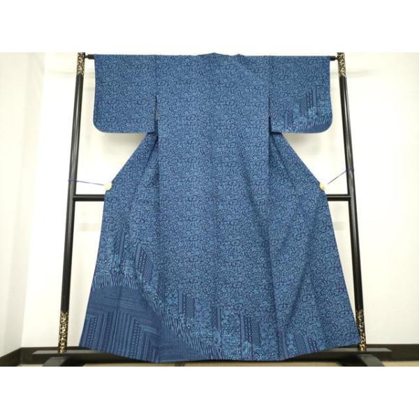 平和屋着物▽訪問着 単衣 藍 型染め 花唐草文 正絹 逸品 AABG8570ck