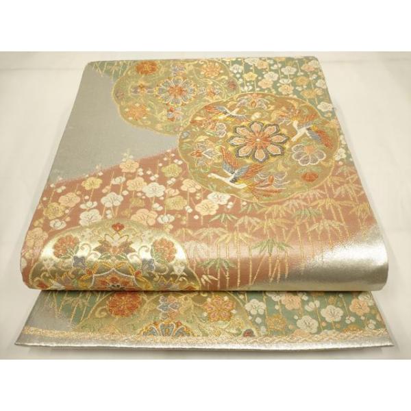 平和屋着物▽六通柄袋帯 瑞祥 花鳥丸文 金銀糸 正絹 逸品 AABH1622wj
