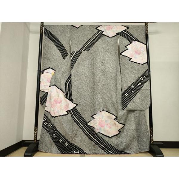 美品‼️振袖正絹フルセット‼️豪華絢爛lovelyピンク薔薇銀糸刺繍銀彩⭐︎上質な逸品 平和屋着物○豪華振袖 総絞り 刺繍 松皮菱花文 黒地 銀糸 やまと誂製