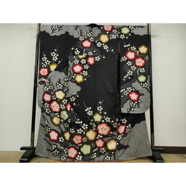 平和屋着物○豪華振袖 駒刺繍 絞り 枝梅文 黒地 金彩 正絹 逸品 未使用