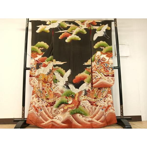 平和屋本店●アンティーク　大正ロマン　振袖　駒刺繍　飛鶴宝船浜松文　暈し染め　黒地　金彩　正絹　逸品　CABD8175vp 平和屋本店○アンティーク 大正ロマン 振袖 駒刺繍 飛鶴宝船浜松文 暈