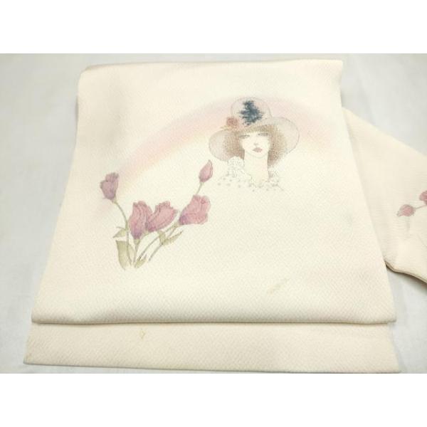 平和屋着物●現代の憂氣世絵師 米倉斉加年 九寸名古屋帯 手描き 人物草花文 鬼しぼ縮緬 正絹 逸品 CABL9656hy