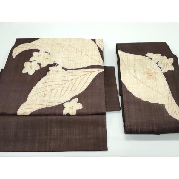 【acco ◡̈⋆*激安】百華園の半身刺繍着物　茶色　941 平和屋着物＊極上 夏物 つけ帯 草花文 銀彩 赤墨色地 麻 逸品