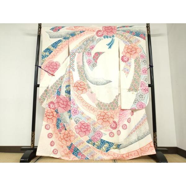平和屋着物●名門　藤娘きぬたや・総絞り(杢目絞り)　振袖　熨斗吉祥草花文　正絹　逸品　DABC2926ud 平和屋着物○名門 藤娘きぬたや・総絞り(杢目絞り) 振袖 熨斗吉祥草花