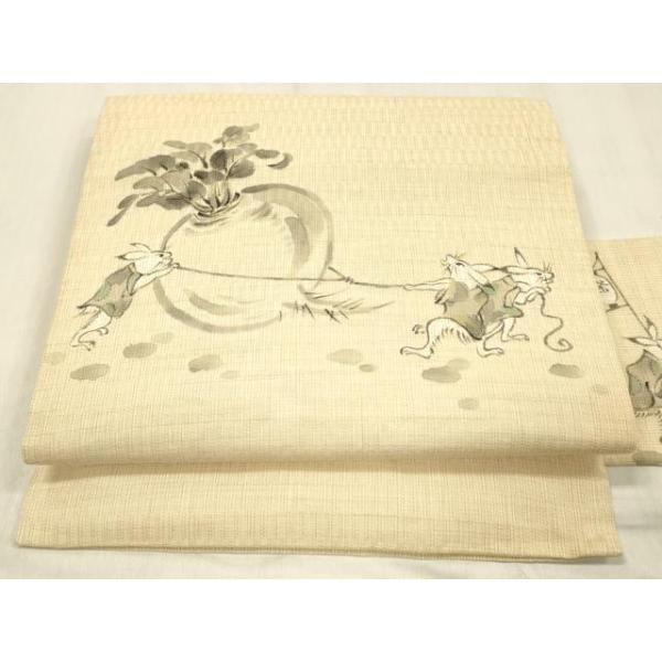 平和屋着物＊夏物　九寸名古屋帯　手描き　鳥獣戯画　麻　逸品　DABC8398cm 平和屋着物＊夏物 九寸名古屋帯 手描き 鳥獣戯画 麻 逸品 DABC8398cm