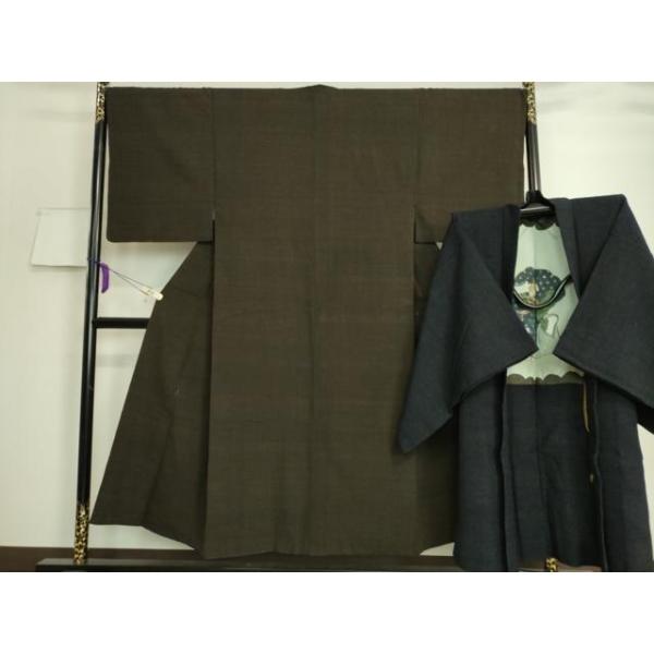 平和屋本店■極上　男性　紬　アンサンブル　長羽織　着物・憲法茶色　羽織・漆黒色　逸品　DZAA7801kh5 平和屋本店□極上 男性 紬 アンサンブル 長羽織 着物・憲法茶色 羽織