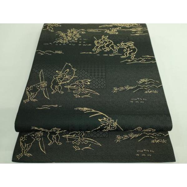 平和屋着物○極上 両面 全通柄袋帯 鳥獣戯画 黒地 逸品 DZAB2904kh6