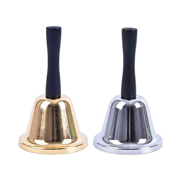 他サイト： heizi ハンドベル 卓上ベル ２個セット 祭り用品 くじ引き ガラポン 抽選 あたり 鐘 呼び出しベル 呼び鈴 お店 ベル (ゴールド&amp;シルバー 7.5cm x 13cm)の商品画像