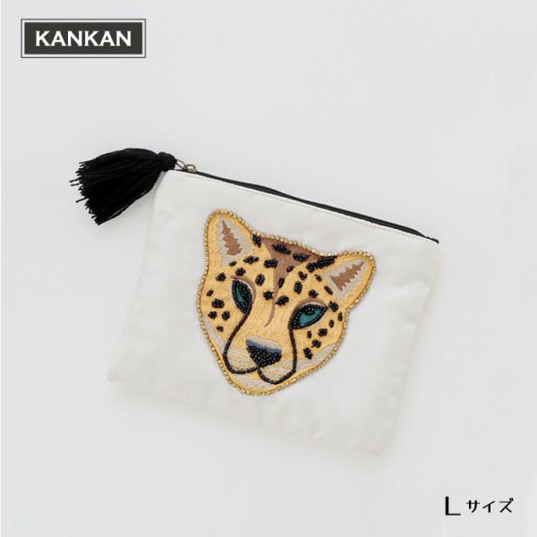 ポーチ | KANKAN レオパード フラットポーチ フェイス刺繍 L ポーチ | KANKAN レオパード フラットポーチ フェイス刺繍 L
