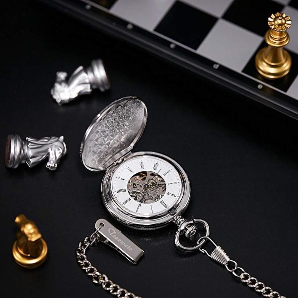New Arrival Treeweto 機械式 懐中時計 クラシック アンティーク ローマ数字 シルバー スケルトン チェーン付き