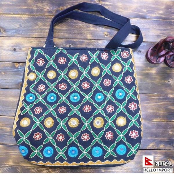 ネパール 花葉と丸ミラーの刺繍トートバッグ アジアン エキゾチック 鞄 エスニック ファッション /nepa-ba03  :nepa-ba03:HELLO IMPORT 通販 