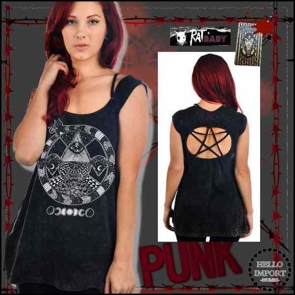 オカルトパンク 背中五芒星型穴あき コズミック宇宙柄 Tシャツ