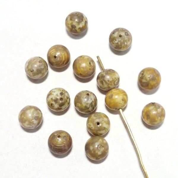 21703-〔ガラス〕　ヴィンテージビーズ　Saffron Picasso  ７mm　１５個/１パック