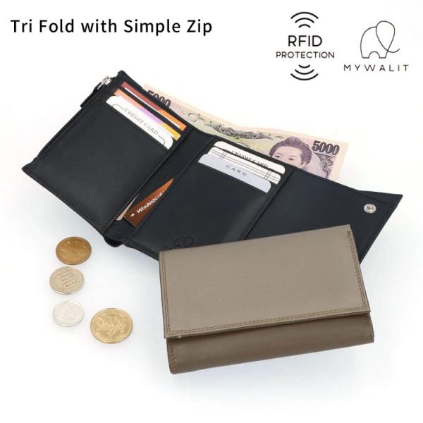mywalit RFID カーフレザー 牛革 三つ折り スキミング防止 財布 コンパクト 薄い ミニ財布 MY4511 Try Fold with Simple Zip