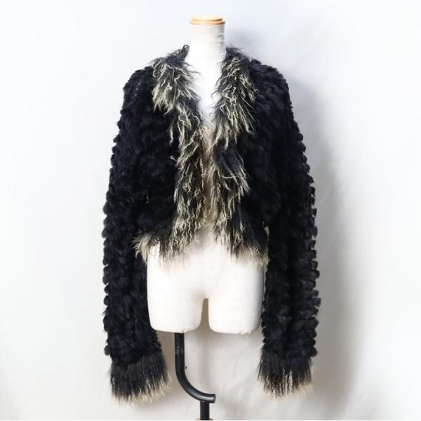 チベットラム ファージャケット 黒 ブラック チベットラム トリミング ラビット ファー ジャケット ブラック