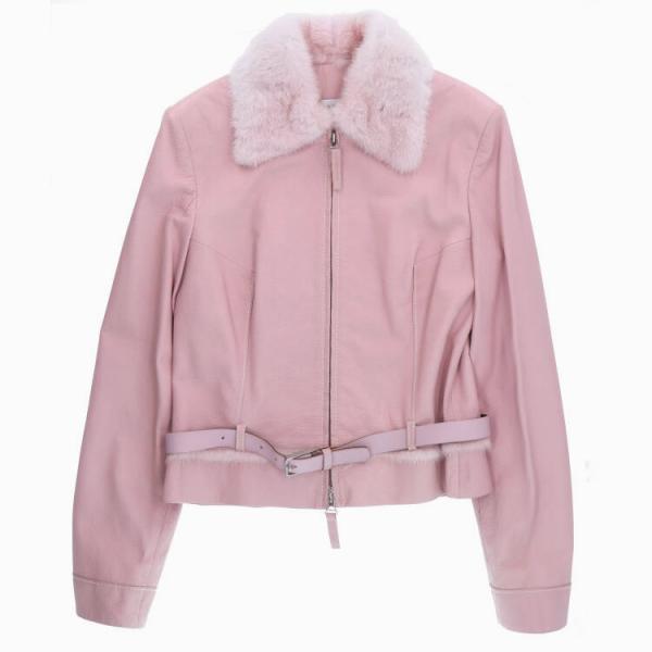 ミンク ファー トリミング シープ レザー ジャケット ピンク : エル