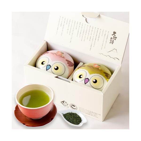 FlavorName:静岡産深蒸し茶×ふくろう缶・原材料：緑茶（静岡県産）内容量：80ｇ×2缶・ふくろうは、苦労知らず=「不苦労（フクロウ）」や「福老」、「福路」など 縁起が良い言葉からも、幸運を呼ぶ鳥として人気です。 また首が360°近く...