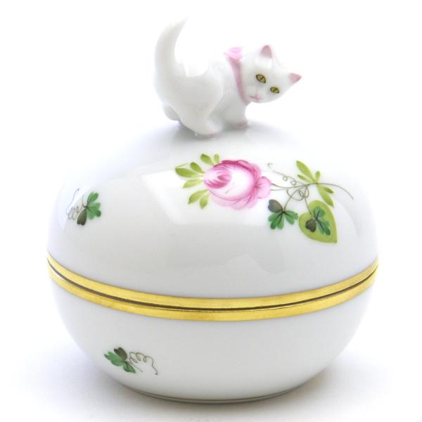 ヘレンド(Herend) ウィーンの薔薇・シンプル(06033/VRHS) 丸形小物入れ(高さ:8.5cm)猫飾り ハンドメイド 磁器 ボンボン入れ 小筐 送料無料 ギフト包装無料  新品