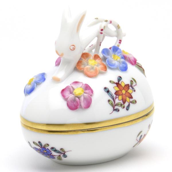 ヘレンド アポニーフラワー ボンボン入れ 卵形小物入れ 兎と花の飾り