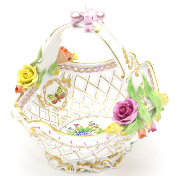 ヘレンド　　置物 ヘレンド（HEREND） バスケット(高さ:24cm)薔薇とリボンの飾り
