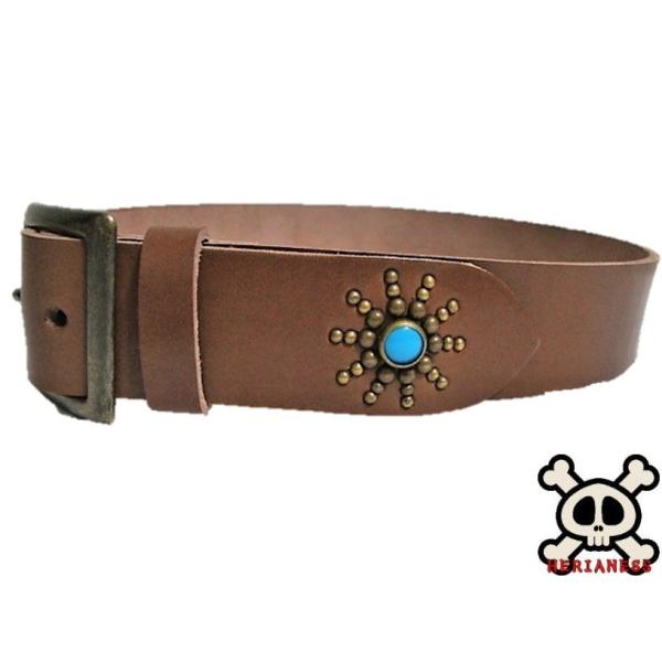 栃木レザー エンドオンリー スタッズベルト チョコ ターコイズスポッツ