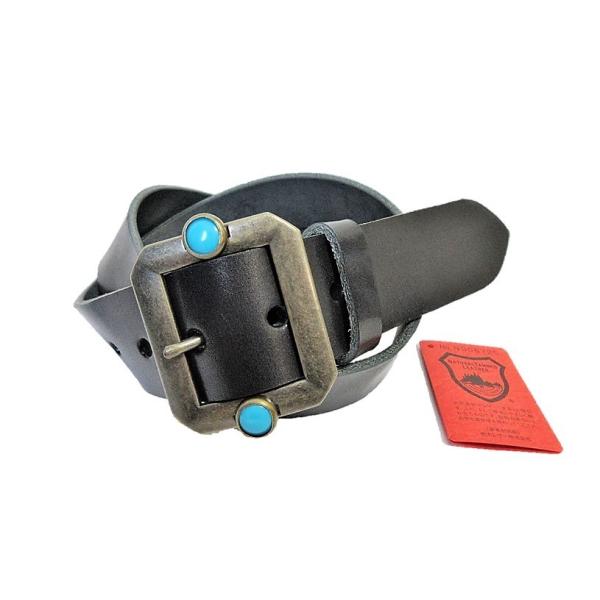 栃木レザーベルト 黒 スタッズ付きバックル ターコイズカラー