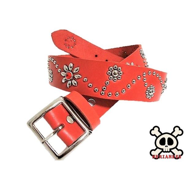栃木レザー フラワー型 スタッズベルト 赤 レッドスポッツ 日本製