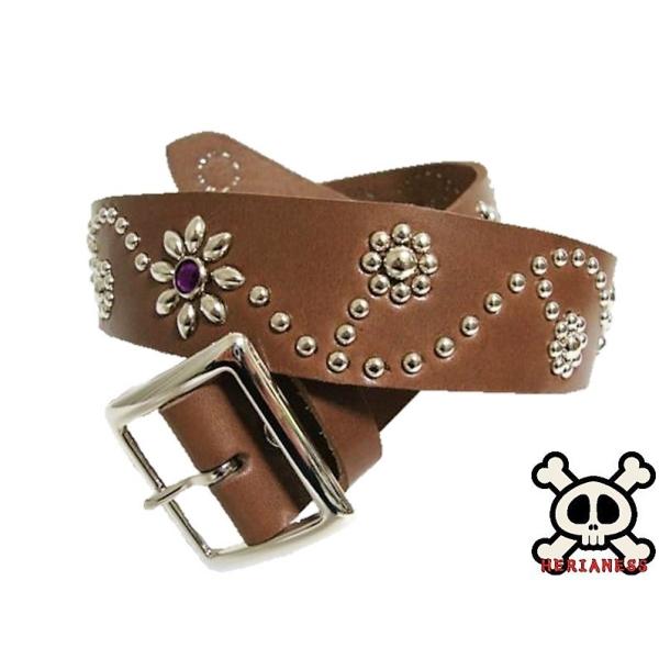 栃木レザー フラワー型 スタッズベルト チョコ パープルスポッツ 日本