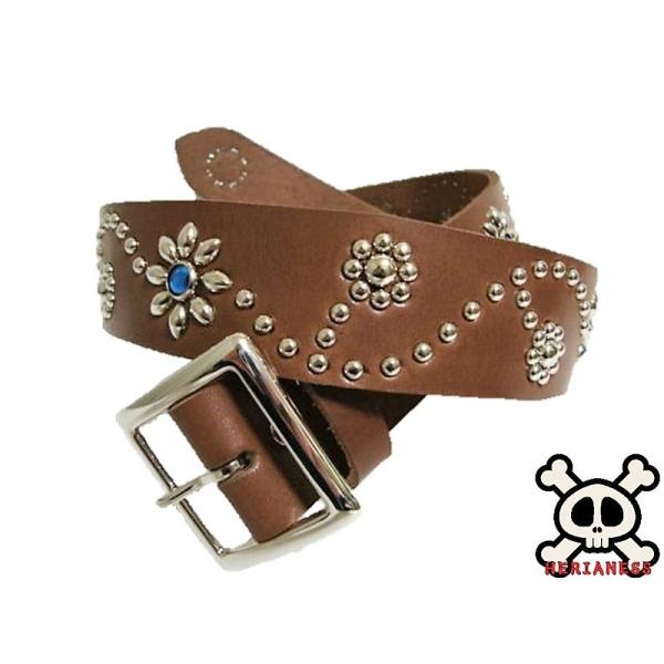 栃木レザー フラワー型 スタッズベルト チョコ ブルースポッツ 日本製