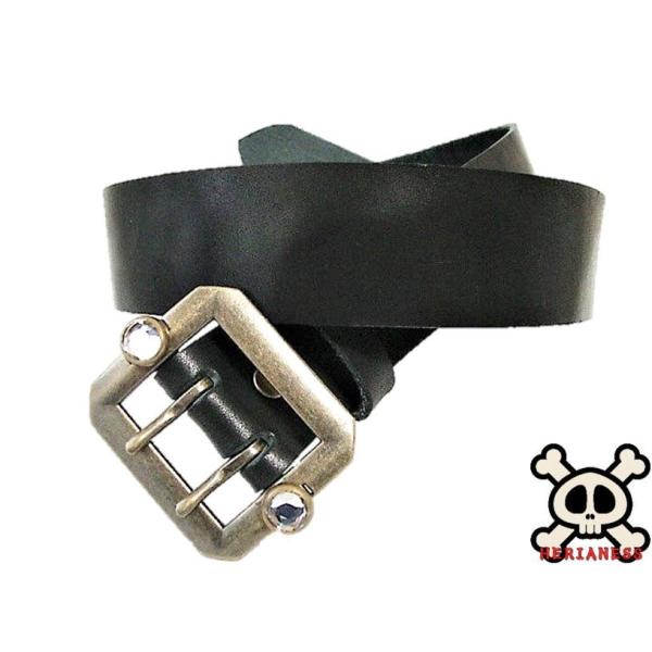 栃木レザー スタッズ付き 八角ダブルピンバックルベルト 黒 クリスタル