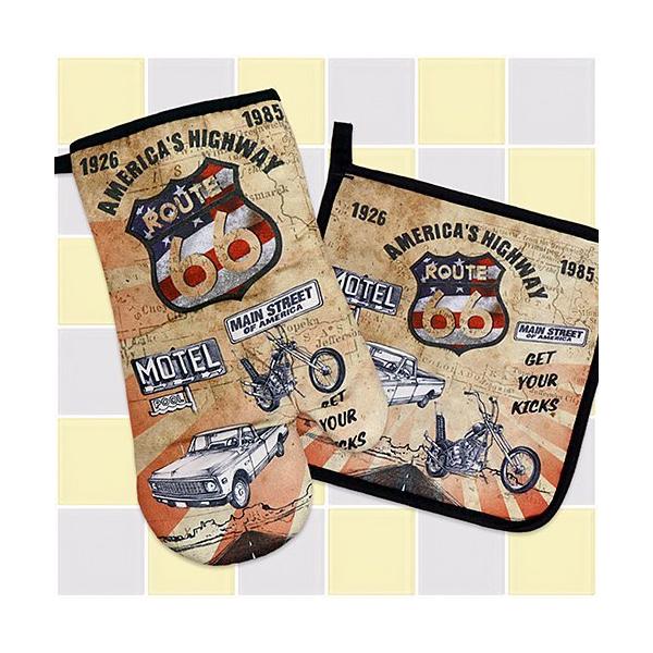 レターパックプラス対応 ROUTE66 ルート66 オーブングローブ＆ポットホルダー 鍋つかみ 鍋敷き ミトン キッチン用品 生活雑貨 ギフト オシャレ
