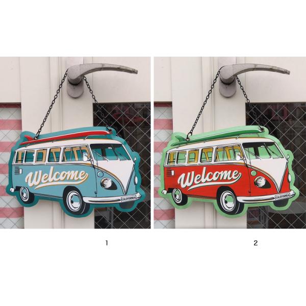 レターパックプラス対応 エンボスメタル WELCOME プレート サーフワゴン ブルー レッド ウェルカム 吊り下げ付き メッセージサイン 装飾 ウォールデコ 店舗装飾