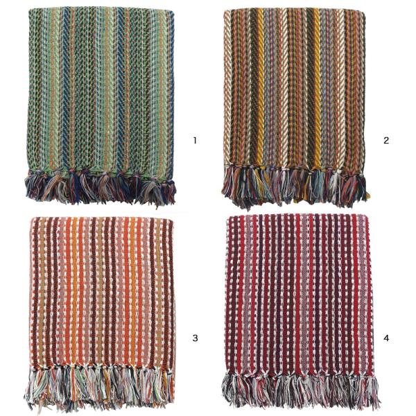 １・グリーン２・イエロー３・オレンジ４・レッドサイズ(約)：160×120cm素材：コットン100%日の目を見なかった生地をアップサイクルで生まれ変わらせた、カラフルで可愛いオシャレなコットンスローです。プリントでは無く、織ってあります。織...