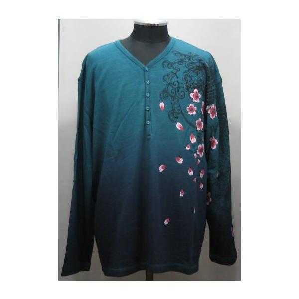 和柄 Ｙ ヘンリーネック 長袖Tシャツ グラデーション染め 鯉 z29696-zd Ｃ・ブルー ３Ｌ〜６Ｌ 大きいサイズ