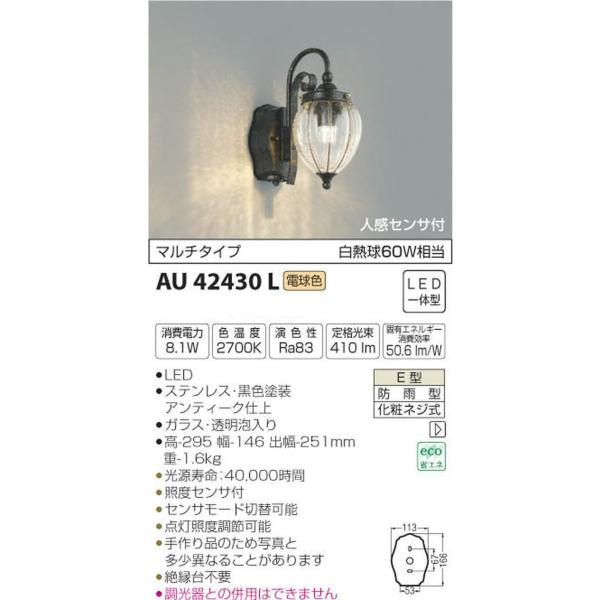 コイズミ照明 人感センサ付ポーチ灯 マルチタイプ 黒色塗装 AU42430L