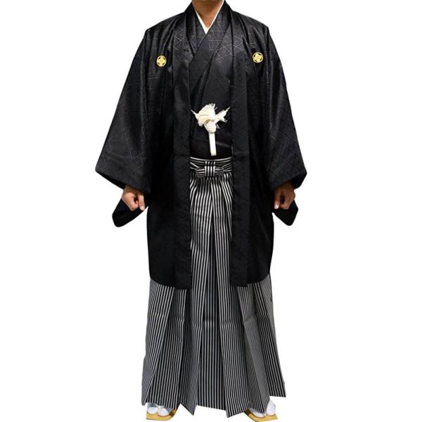本物 男紋付袴 羽織袴フルセット黒シンプル矢羽根羽織 黒無地着物柄袴
