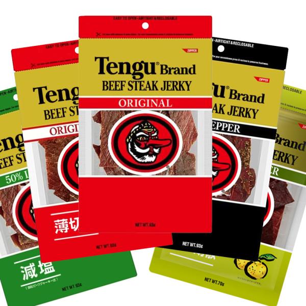 テング ビーフジャーキー  5袋 バラエティセット 5種類 送料無料 オリジナル、減塩、薄切り、HOT 各93g 柚子胡椒のみ70g おつまみ 宴会 天狗