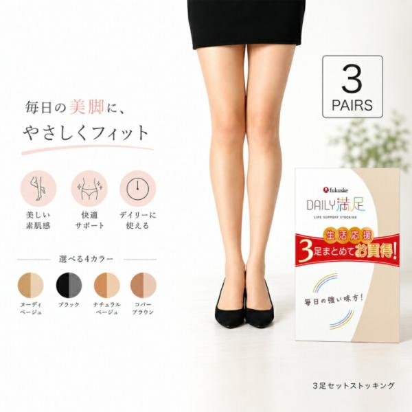【送料無料】　福助 ストッキング 毎日満足 3足組 日本製 fukuske パンスト 伝線しにくい 抗菌 防臭 吸汗 静電防止 つま先補強 丈夫