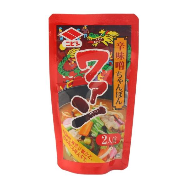 【商品説明】味噌味のピリ辛タイプのワァン。 ちゃんぽんスープとしてはもちろん他の麺や炒め物にもお使い頂けます。 ※2人前用【原材料】調合みそ(国内製造)、ポークエキス、アミノ酸液、食塩、豆板醤、ラード、ごま油、砂糖、甜麺醤、香辛料、チキンエ...