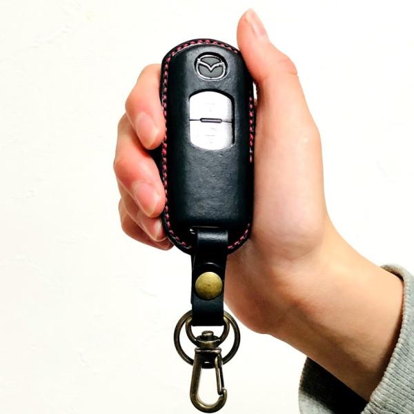 本革 スマートキーケース デミオ ベリーサ CX-3 BLアクセラ BMアクセラ BYアクセラ GHアテンザ GJ系アテンザ CX-5 等　黒赤全周　