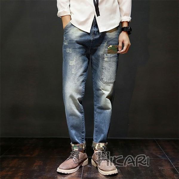 ジーンズ ダメージ加工 デニムパンツ メンズ デニム パッチワーク 迷彩柄 テーパードパンツ ストリート系 父の日 Hkr Hikari 通販 Yahoo ショッピング