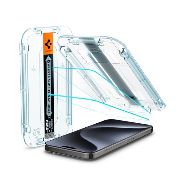 Spigen EZ Fit ガラスフィルム iPhone 15 Pro 用 貼り付けキット付き iPhone15Pro 対応 保護 フィルム 2枚入