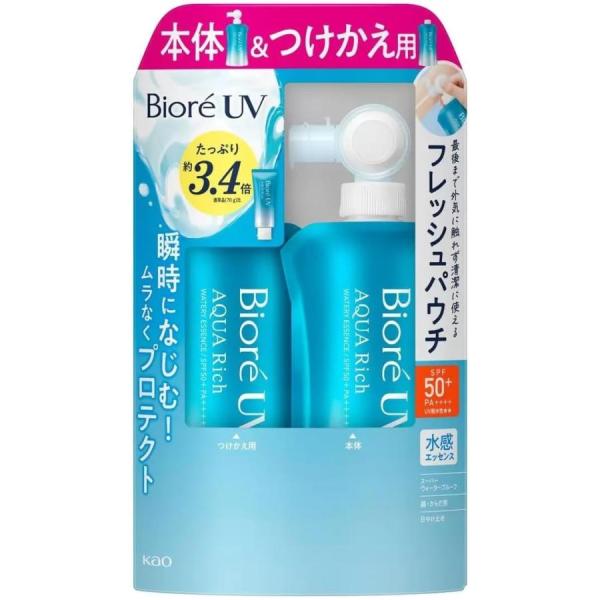「瞬時になじむ！ムラなくプロテクト」のビオレ アクアリッチ 水感エッセンス・本体120ｇ+つけかえ120ｇの2本セット花王（KAO）が販売する日焼け止めの一種で、特に水のような軽いつけ心地が特徴です。SPF50+、PA++++という高い紫外...