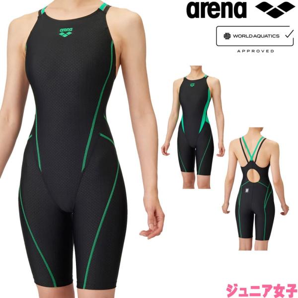 アリーナ ARENA 競泳水着 ジュニア女子 WA承認モデル レーシングワンピーススパッツ オープンバック ダブルストラップ ハーフレッグ オールインワン AQUA RACING ECO AQUA STRIPE-D AS5SRC53G fi...