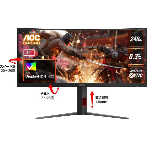 AOC ゲーミング液晶ディスプレイ 34型/3440×1440/HDMI DisplayPort/ブラック/スピーカー：なし/240Hz CU34G4Z/11