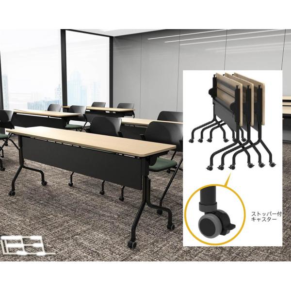 平行スタッキングでコンパクトに収納できるフォールディングテーブル。ブラックのフレームと脚部で洗練されたデザイン。天板はナチュラル、ウォルナット、ホワイトの3色展開で、幕板付きタイプもお選びいただけます。会議用テーブル。スタック収納時には天板...